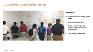 Copyright © 2018 IQbusiness
…continuing to uncover the mystery
34
Gallery Walk:
• Each observer puts up insights against
the wall
• Invite stakeholders to gallery
• Everyone walks through quietly
reviewing and making notes about
posted insights
• Paste notes on site and cluster
 