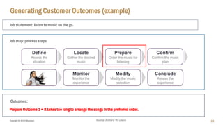 Copyright © 2018 IQbusiness
Generating Customer Outcomes (example)
53Source: Anthony W. Ulwick
Job statement: listen to music on the go.
Job map: process steps
Prepare Outcome 1 = It takes too long to arrange the songs in the preferred order.
Outcomes:
 