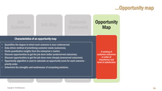 Copyright © 2018 IQbusiness
…Opportunity map
58
Job
Statement
A description of
the Job-to-be-done
Job Map
A visual depiction
of the core
functional job,
deconstructed into
its discrete
process or job
steps
Outcome
Statement
A breakdown of job
steps into
customer needs or
outcomes
Opportunity
Map
A ranking of
customer outcomes
in order of
importance and
level of satisfaction
• Quantifies the degree to which each outcome is over/underserved.
• Data driven method of prioritising customer needs (outcomes).
• Elicits quantitative insights from the enterprise’s market.
• Discover opportunities to get the job done better (underserved outcomes).
• Discover opportunities to get the job done more cheaply (overserved outcomes).
• Opportunity algorithm is used to calculate an opportunity score for each outcome -
priority order.
• Determine the strengths and weaknesses of competing solutions.
Characteristics of an opportunity map
 