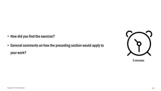 Copyright © 2018 IQbusiness 87
• How did you find the exercise?
• General comments on how the preceding section would apply to
your work?
5 minutes
 