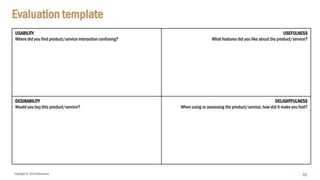 Copyright © 2018 IQbusiness
Evaluation template
92
USABILITY
Where did you find product/service interaction confusing?
USEFULNESS
What features did you like about the product/service?
DESIRABILITY
Would you buy this product/service?
DELIGHTFULNESS
When using or assessing the product/service, how did it make you feel?
 