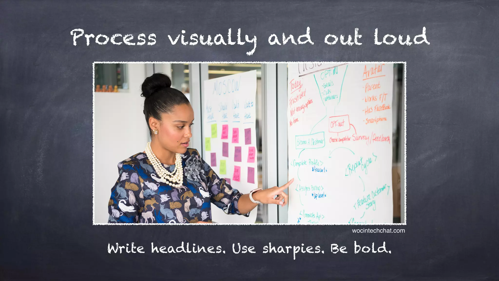 Process visually and out loud
Write headlines. Use sharpies. Be bold.
wocintechchat.com
 