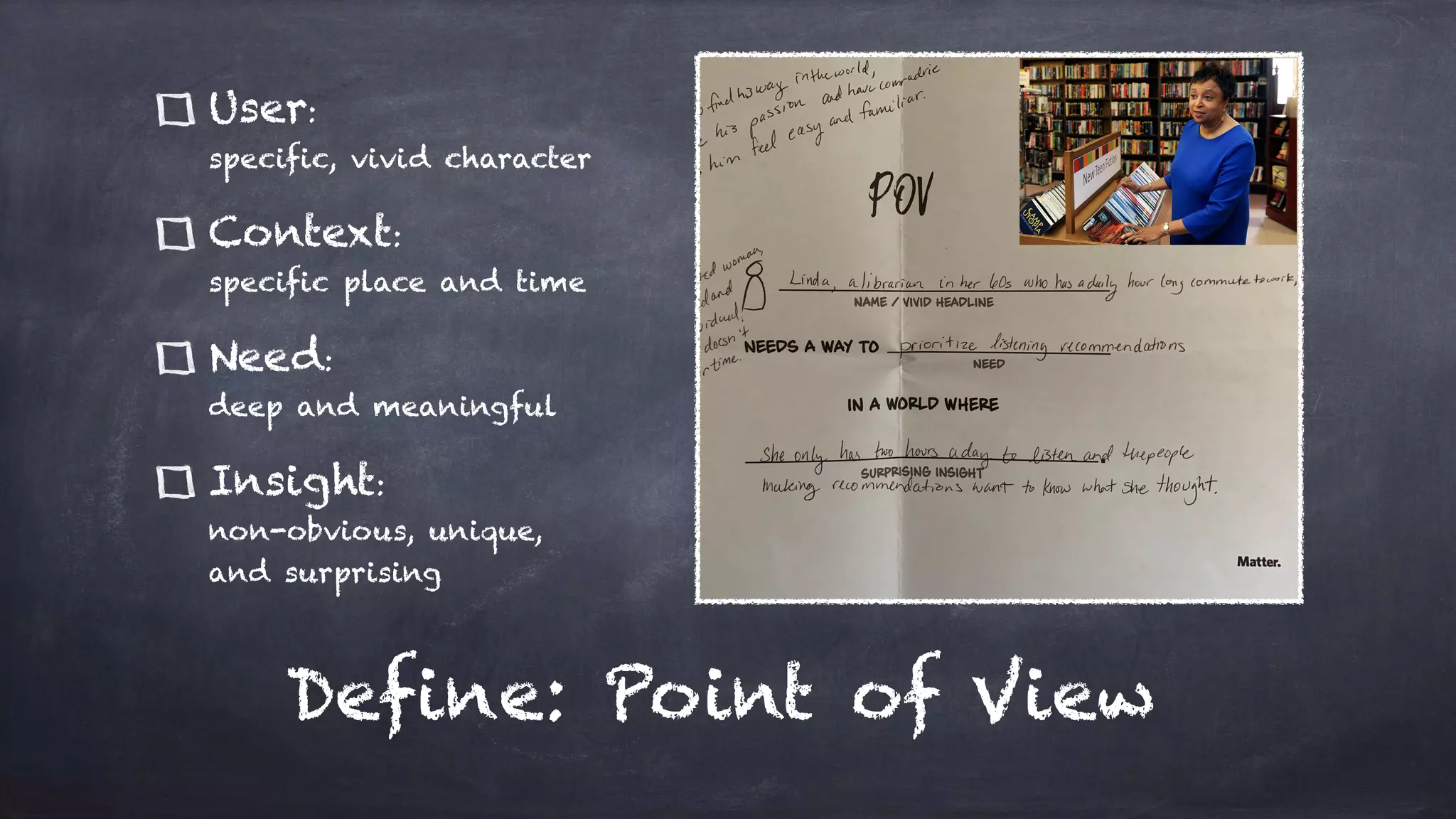 User:
specific, vivid character
Context:
specific place and time
Need:
deep and meaningful
Insight:
non-obvious, unique,
and surprising
Define: Point of View
 