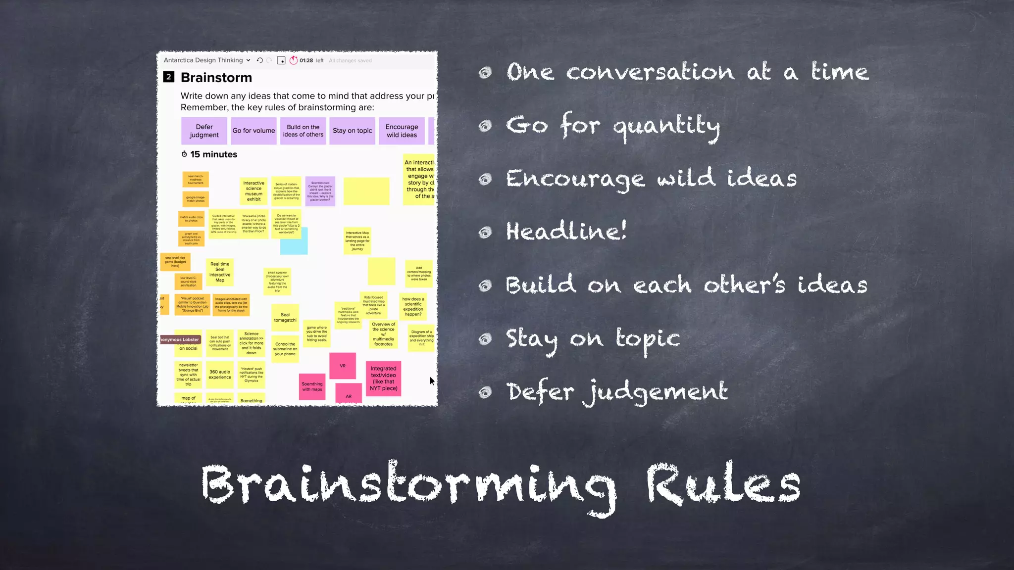 One conversation at a time
Go for quantity
Encourage wild ideas
Headline!
Build on each other’s ideas
Stay on topic
Defer judgement
Brainstorming Rules
 