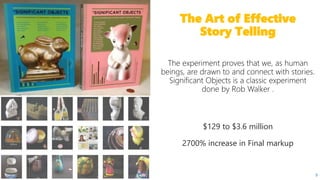 $129 to $3.6 million
2700% increase in Final markup
The Art of Effective
Story Telling
9
 