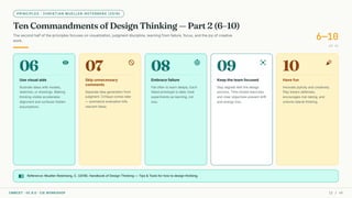 PRINCIPLES · CHRISTIAN MUELLER-ROTERBERG (2018)
Ten Commandments of Design Thinking — Part 2 (6–10)
The second half of the principles focuses on visualization, judgment discipline, learning from failure, focus, and the joy of creative
work. 6—10
OF 10
06 visibility
Use visual aids
Illustrate ideas with models,
sketches, or drawings. Making
thinking visible accelerates
alignment and surfaces hidden
assumptions.
07 do_not_disturb
Skip unnecessary
comments
Separate idea generation from
judgment. Critique comes later
— premature evaluation kills
nascent ideas.
08 crisis_alert
Embrace failure
Fail often to learn deeply. Each
failed prototype is data; treat
experiments as learning, not
loss.
09 center_focus_strong
Keep the team focused
Stay aligned with the design
process. Time-boxed exercises
and clear objectives prevent drift
and energy loss.
10 celebration
Have fun
Innovate joyfully and creatively.
Play lowers defenses,
encourages risk-taking, and
unlocks lateral thinking.
menu_book Reference: Mueller-Roterberg, C. (2018). Handbook of Design Thinking — Tips & Tools for how to design thinking.
CMRCET · IIC 8.0 · CIE WORKSHOP 12 / 49
 