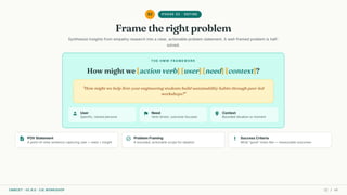 02 PHASE 02 · DEFINE
Frame the right problem
Synthesize insights from empathy research into a clear, actionable problem statement. A well-framed problem is half-
solved.
THE HMW FRAMEWORK
How might we [action verb] [user] [need] [context]?
"How might we help first-year engineering students build sustainability habits through peer-led
workshops?"
person User
Specific, named persona flag Need
Verb-driven, outcome-focused place Context
Bounded situation or moment
description POV Statement
A point-of-view sentence capturing user + need + insight
task_alt Problem Framing
A bounded, actionable scope for ideation
priority_high Success Criteria
What "good" looks like — measurable outcomes
CMRCET · IIC 8.0 · CIE WORKSHOP 21 / 49
 