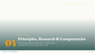 C I E W O R K S H O P · D E S I G N T H I N K I N G
04
C H A P T E R F O U R
Principles, Research & Competencies
The operating etiquette of design teams — and the human
competencies that bring those principles to life.
CMRCET · IIC 8.0 · CIE WORKSHOP 25 / 49
 
