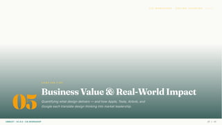 C I E W O R K S H O P · D E S I G N T H I N K I N G
05
C H A P T E R F I V E
Business Value & Real-World Impact
Quantifying what design delivers — and how Apple, Tesla, Airbnb, and
Google each translate design thinking into market leadership.
CMRCET · IIC 8.0 · CIE WORKSHOP 29 / 49
 