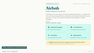 CASE STUDY 03 OF 04 HOSPITALITY · MARKETPLACE
Airbnb
Design thinking as a survival tool
In 2009 Airbnb was near collapse. The founders applied design thinking — traveling to NYC
to live with hosts, photographing listings themselves, and reimagining the entire host–guest
experience. The result: a 2x increase in bookings and the foundation for a $30B+
marketplace.
DESIGN THINKING LEVERS
photo_camera Professional Photography
Hosts' homes shown at their best
reviews Two-Sided Reviews
Trust through reciprocal accountability
handshake Host Empathy
Tools and protections for hosts first
home Belong Anywhere
Emotional brand promise, not just lodging
trending_up Outcome: Airbnb transformed from struggling startup to global hospitality platform.
Reference: Great Learning Team (2022); Devtechnosys (2023).
AIRBNB · DESIGNING TRUST BETWEEN STRANGERS
CMRCET · IIC 8.0 · CIE WORKSHOP 35 / 49
 