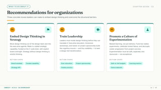 WHAT TO DO ABOUT IT CHAPTER SEVEN · 02
Recommendations for organizations
Three concrete moves leaders can make to embed design thinking and overcome the structural barriers.
01
flag
Embed Design Thinking in
Strategy
Move design thinking out of the design team and into
the executive agenda. Make it a stated strategic
capability, funded at the C-suite level, with explicit
board oversight. Strategy without design thinking is
wishful thinking.
ACTION CHIPS
Board mandate Funded capability
Strategy KPI
02
school
Train Leadership
Leaders must model design thinking before they can
mandate it. Executive education, immersive
workshops, and hands-on project sponsorship build
the cognitive muscle — and the credibility — to lead
a design-led transformation.
ACTION CHIPS
Exec education Project sponsorship
Visible practice
03
science
Promote a Culture of
Experimentation
Reward learning, not just delivery. Fund low-stakes
experiments, celebrate honest failure, and decouple
career progression from project success.
Experimentation must be safe, expected, and
resourced — not exceptional.
ACTION CHIPS
Safe-to-fail budgets Learning metrics
Failure debriefs
CMRCET · IIC 8.0 · CIE WORKSHOP 44 / 49
 