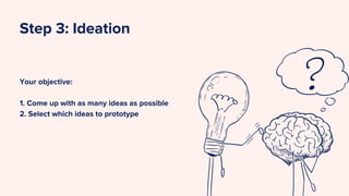Your objective:
1. Come up with as many ideas as possible
2. Select which ideas to prototype
Step 3: Ideation
 