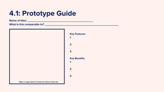 4.1: Prototype Guide
Name of Idea: __________________________________________
What is this comparable to? _______________________________________________
Key Features:
1.
2.
3.
Key Benefits:
1.
2.
3.
Make a rough sketch of what the feature looks like.
 
