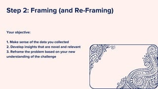 Your objective:
1. Make sense of the data you collected
2. Develop insights that are novel and relevant
3. Reframe the problem based on your new
understanding of the challenge
Step 2: Framing (and Re-Framing)
 