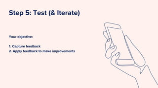 Your objective:
1. Capture feedback
2. Apply feedback to make improvements
Step 5: Test (& Iterate)
 