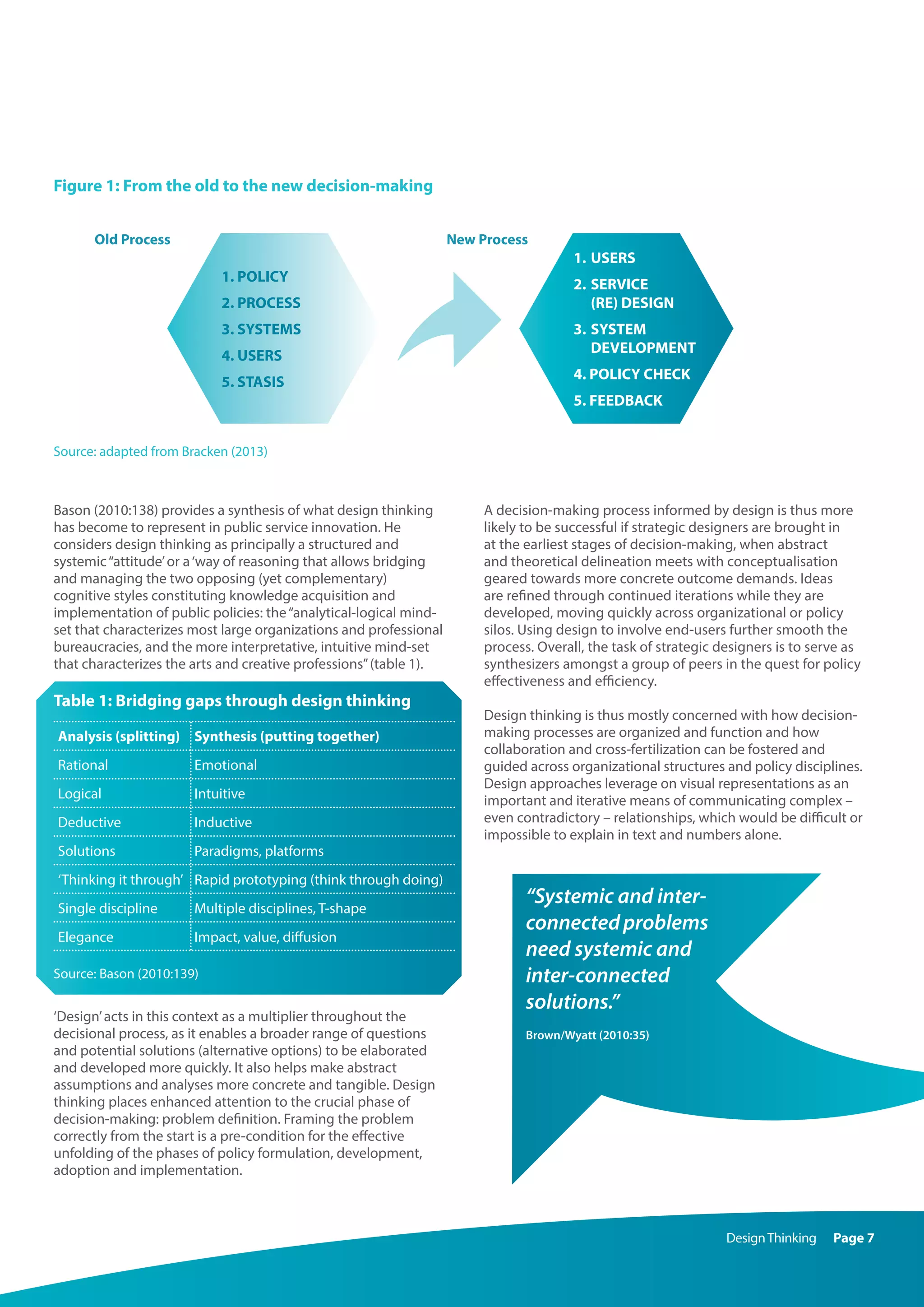 DesignThinking Page 7
Bason (2010:138) provides a synthesis of what design thinking
has become to represent in public service innovation. He
considers design thinking as principally a structured and
systemic‘‘attitude’or a‘way of reasoning that allows bridging
and managing the two opposing (yet complementary)
cognitive styles constituting knowledge acquisition and
implementation of public policies: the“analytical-logical mind-
set that characterizes most large organizations and professional
bureaucracies, and the more interpretative, intuitive mind-set
that characterizes the arts and creative professions”(table 1).
Table 1: Bridging gaps through design thinking
Analysis (splitting) Synthesis (putting together)
Rational Emotional
Logical Intuitive
Deductive Inductive
Solutions Paradigms, platforms
‘Thinking it through’ Rapid prototyping (think through doing)
Single discipline Multiple disciplines, T-shape
Elegance Impact, value, diffusion
Source: Bason (2010:139)
‘Design’acts in this context as a multiplier throughout the
decisional process, as it enables a broader range of questions
and potential solutions (alternative options) to be elaborated
and developed more quickly. It also helps make abstract
assumptions and analyses more concrete and tangible. Design
thinking places enhanced attention to the crucial phase of
decision-making: problem definition. Framing the problem
correctly from the start is a pre-condition for the effective
unfolding of the phases of policy formulation, development,
adoption and implementation.
A decision-making process informed by design is thus more
likely to be successful if strategic designers are brought in
at the earliest stages of decision-making, when abstract
and theoretical delineation meets with conceptualisation
geared towards more concrete outcome demands. Ideas
are refined through continued iterations while they are
developed, moving quickly across organizational or policy
silos. Using design to involve end-users further smooth the
process. Overall, the task of strategic designers is to serve as
synthesizers amongst a group of peers in the quest for policy
effectiveness and efficiency.
Design thinking is thus mostly concerned with how decision-
making processes are organized and function and how
collaboration and cross-fertilization can be fostered and
guided across organizational structures and policy disciplines.
Design approaches leverage on visual representations as an
important and iterative means of communicating complex –
even contradictory – relationships, which would be difficult or
impossible to explain in text and numbers alone.
“Systemic and inter-
connectedproblems
need systemic and
inter-connected
solutions.”
Brown/Wyatt (2010:35)
Figure 1: From the old to the new decision-making
Source: adapted from Bracken (2013)
1. POLICY
2. PROCESS
3. SYSTEMS
4. USERS
5. STASIS
1.	USERS
2.	SERVICE
(RE) DESIGN
3. 	SYSTEM
	DEVELOPMENT
4. POLICY CHECK
5. FEEDBACK
Old Process New Process
 