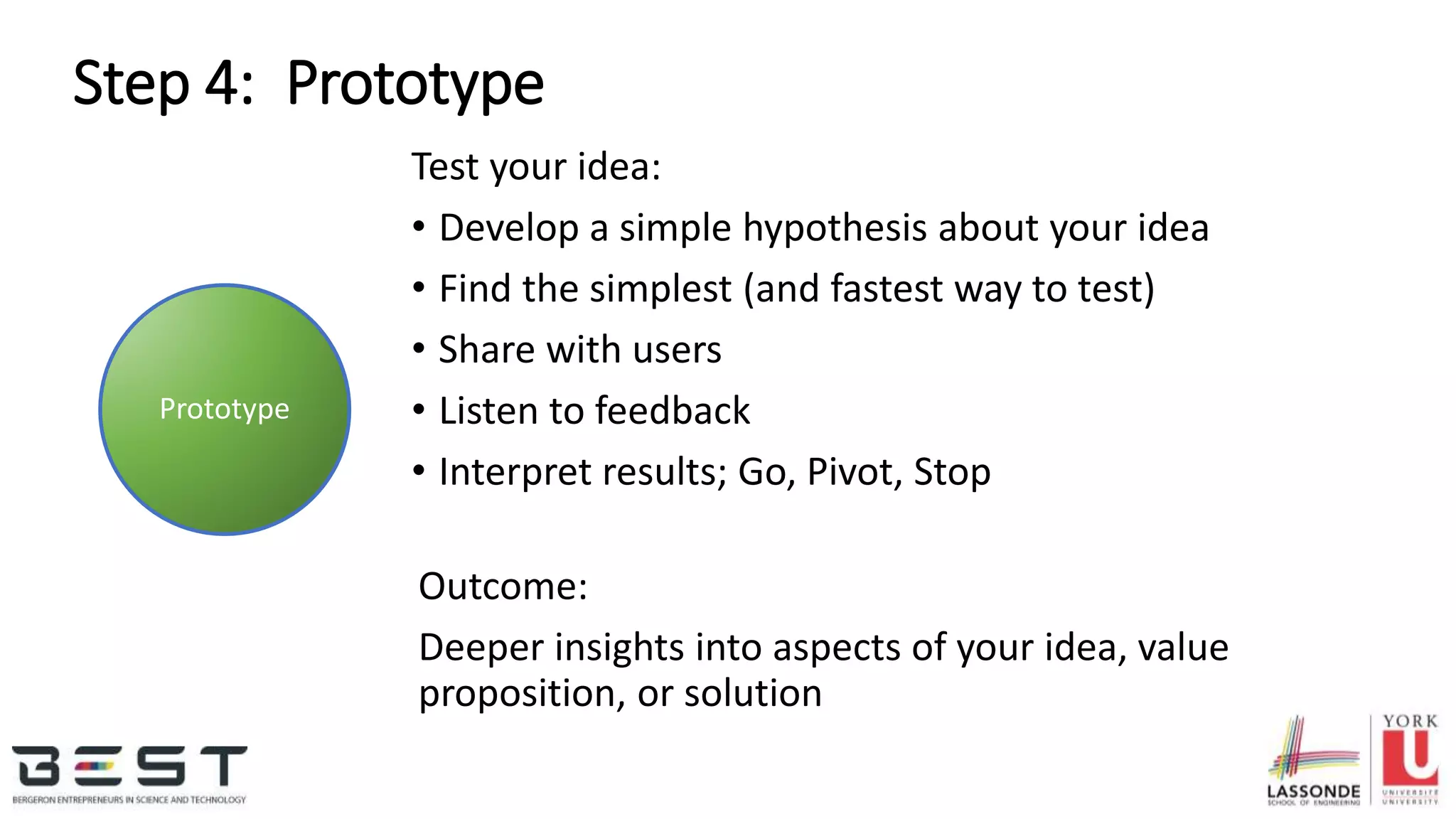 Step 4: Prototype
Test your idea:
• Develop a simple hypothesis about your idea
• Find the simplest (and fastest way to test)
• Share with users
• Listen to feedback
• Interpret results; Go, Pivot, Stop
Outcome:
Deeper insights into aspects of your idea, value
proposition, or solution
Prototype
 
