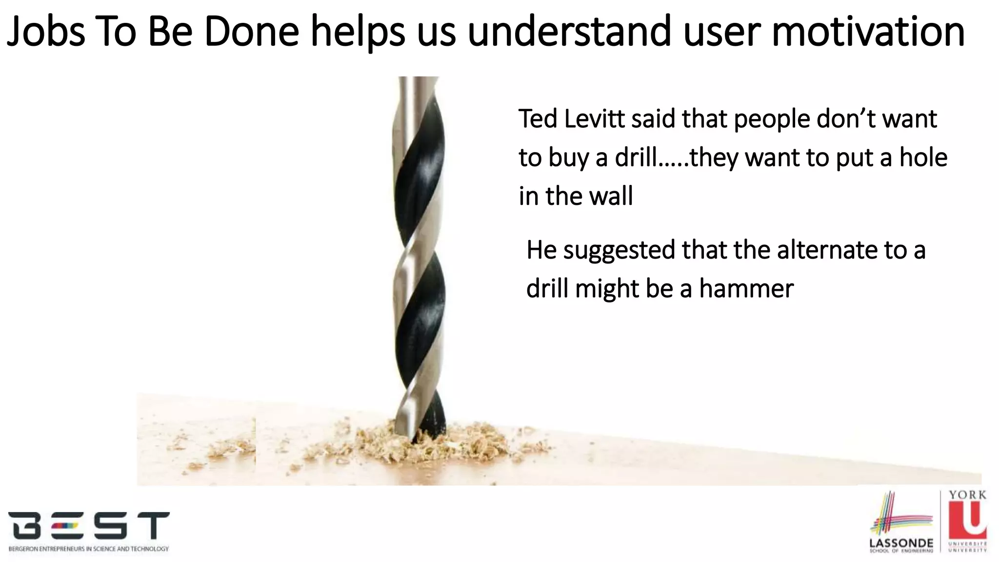 Ted Levitt said that people don’t want
to buy a drill…..they want to put a hole
in the wall
Jobs To Be Done helps us understand user motivation
He suggested that the alternate to a
drill might be a hammer
 