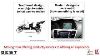 Traditional design
was object-centric
(what can we make)
Source: http://sa7.1-themes.com/ford-t.php
Modern design is
user-centric
(how something is used)
Source: https://www.youtube.com/watch?v=afCcIAlhAxM
Moving from offering products/services to offering an experience
 