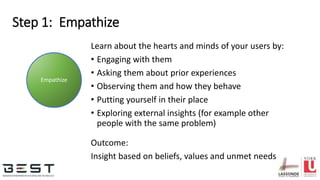 Step 1: Empathize
Learn about the hearts and minds of your users by:
• Engaging with them
• Asking them about prior experiences
• Observing them and how they behave
• Putting yourself in their place
• Exploring external insights (for example other
people with the same problem)
Outcome:
Insight based on beliefs, values and unmet needs
Empathize
 