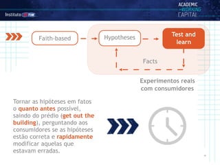 ‹#›
Faith-based Hypotheses
Test and
learn
Tornar as hipóteses em fatos
o quanto antes possível,
saindo do prédio (get out the
building), perguntando aos
consumidores se as hipóteses
estão correta e rapidamente
modificar aquelas que
estavam erradas.
Facts
Experimentos reais
com consumidores
 