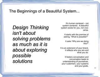 The Beginnings of a Beautiful System...

                                  It's human centered – not
                              system centered. A beautiful
 Design Thinking            system exists for you, not vice-
                                                     versa.
 isn't about                     It starts with the premise of
                                asking, “What is possible?”
 solving problems                It asks “Why are we doing

 as much as it is                                    this?”

                            It is an extension of your brand,
 about exploring                   it reflects who you are and
                                                  what you do.

 possible                       It fosters conversation and
                                      conversation leads to
 solutions                    understanding of yourselves,
                             your customers, your systems
                                             and your goals.
                                                                 11
 