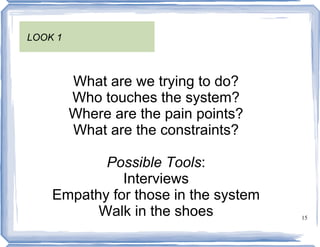 LOOK 1



         What are we trying to do?
         Who touches the system?
         Where are the pain points?
         What are the constraints?

           Possible Tools:
              Interviews
    Empathy for those in the system
          Walk in the shoes           15
 