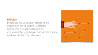 Dibujar
El dibujo es una gran manera de
aprender de la gente, permite
organizar sus pensamientos
visualmente y generar conversaciones
e ideas de forma diferente.
 