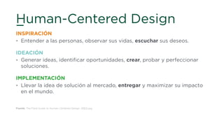 Human-Centered Design
INSPIRACIÓN
• Entender a las personas, observar sus vidas, escuchar sus deseos.
IDEACIÓN
• Generar ideas, identiﬁcar oportunidades, crear, probar y perfeccionar
soluciones.
IMPLEMENTACIÓN
• Llevar la idea de solución al mercado, entregar y maximizar su impacto
en el mundo.
Fuente: The Field Guide to Human-Centered Design, IDEO.org
 