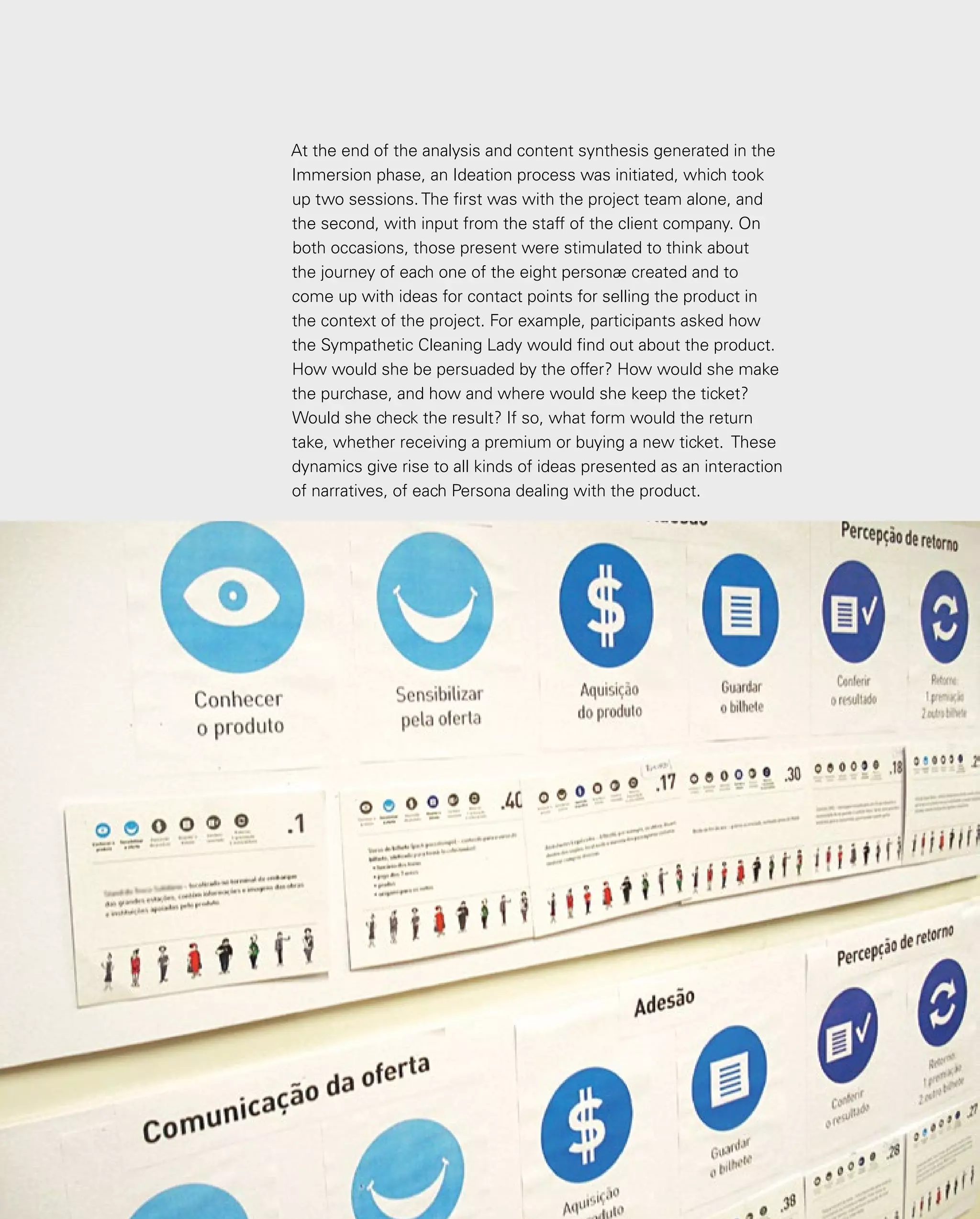 86
At the end of the analysis and content synthesis generated in the
Immersion phase, an Ideation process was initiated, which took
up two sessions. The first was with the project team alone, and
the second, with input from the staff of the client company. On
both occasions, those present were stimulated to think about
the journey of each one of the eight personæ created and to
come up with ideas for contact points for selling the product in
the context of the project. For example, participants asked how
the Sympathetic Cleaning Lady would find out about the product.
How would she be persuaded by the offer? How would she make
the purchase, and how and where would she keep the ticket?
Would she check the result? If so, what form would the return
take, whether receiving a premium or buying a new ticket. These
dynamics give rise to all kinds of ideas presented as an interaction
of narratives, of each Persona dealing with the product.
 
