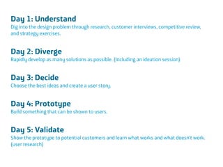 Área
Company Name
Área
Company Name
Summary
!
Product explain action
Only CDR information to be scalable
European union
Indicate stress
Insurers and companies
Lower absence and prevent sick leave
20
Day 1: Understand 
Dig into the design problem through research, customer interviews, competitive review,
and strategy exercises.
!
Day 2: Diverge 
Rapidly develop as many solutions as possible. (Including an ideation session)
!
Day 3: Decide 
Choose the best ideas and create a user story.
!
Day 4: Prototype 
Build something that can be shown to users.
!
Day 5: Validate 
Show the prototype to potential customers and learn what works and what doesn’t work.
(user research)
!
 
