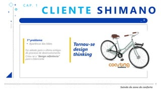 +
+
+
+ _ X
Saindo da zona de conforto
+
C L I E N T E S H I M A N O
C A P. 1
Tornou-se
design
thinking
Foi adiado para o último estágio
do processo de desenvolvimento.
Criou-se o “design referência”
para o fabricante
1º problema
• Aparência das bikes
 