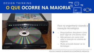 POUCAS CHANCES DE BENEFÍCIOS ECONÔMICOS IMEDIATOS
+
O QUE OCORRE NA MAIORIA
D E S I G N T H I N K I N G
Foco na engenharia visando a
inovação tecnológica
o Pesquisadores descobrem como
fazer algo de uma forma nova
o Não pensam em como criar
valor e inserção no sistema de
negócios
o Muito arriscado basear-se na
tecnologia
 