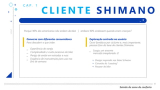 +
+
+
+ _ X
Saindo da zona de conforto
+
C L I E N T E S H I M A N O
C A P. 1
Porque 90% dos americanos não andam de bike | embora 90% andassem quando eram crianças?
Conversa com diferentes consumidores
Para descobrir o que inibe:
Exploração centrada no usuário
Ouvir fanáticos por ciclismo e, mais importante,
pessoas fora da base de clientes Shimano
_ Experiência de varejo
_ Complexidade e custo excessivo da bike
_ Perigo de andar em estradas e ruas
_ Exigência de manutenção para uso nos
fins de semana
_ Surgiu um enorme
mercado inexplorado 
• Design inspirado nas bikes Schwinn
• Conceito do “coasting”
• Passear de bike
 