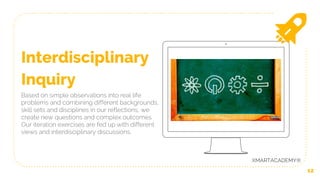 12
Interdisciplinary
Inquiry
Based on simple observations into real life
problems and combining different backgrounds,
skill sets and disciplines in our reflections, we
create new questions and complex outcomes.
Our iteration exercises are fed up with different
views and interdisciplinary discussions.
XMARTACADEMY®
 