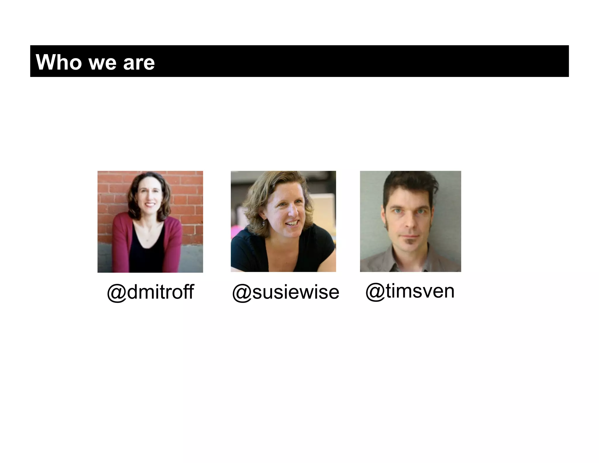 Who we are




     @dmitroff   @susiewise   @timsven
 