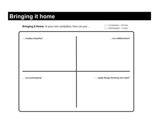 Bringing it home
                                                                           [ ] 1st Iteration – 10 mins.
    Bringing It Home: In your own workplace, how can you . . .
                                                                           [ ] 2nd Iteration – 7 mins.



    . . . employ empathy?                                                       . . . use collaboration?




    . . . use prototyping?                                       . . . apply design thinking next week?
 