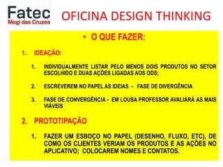 • O QUE FAZER:
1. IDEAÇÃO:
1. INDIVIDUALMENTE LISTAR PELO MENOS DOIS PRODUTOS NO SETOR
ESCOLHIDO E DUAS AÇÕES LIGADAS AOS ODS;
2. ESCREVEREM NO PAPEL AS IDEIAS - FASE DE DIVERGÊNCIA
3. FASE DE CONVERGÊNCIA - EM LOUSA PROFESSOR AVALIARÁ AS MAIS
VIÁVEIS
2. PROTOTIPAÇÃO
1. FAZER UM ESBOÇO NO PAPEL (DESENHO, FLUXO, ETC), DE
COMO OS CLIENTES VERIAM OS PRODUTOS E AS AÇÕES NO
APLICATIVO; COLOCAREM NOMES E CONTATOS.
OFICINA DESIGN THINKING
 