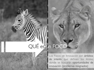 29Design Thinking
Los Focos de Innovación son ámbitos
de interés que deﬁnen los límites
donde se buscarán oportunidades de
innovación (problemas resignados)!
QUÉ es un FOCO!
 