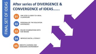 FINAL
SET
OF
IDEAS
02
02
PERSONALIZE THE EDUCATION
EXPERIENCE
04
ONLINE EXAMINATIONS WITH
FAIR MEANS
ONE STEP CLOSER TO A REAL
CLASSROOM
01
03
After series of DIVERGENCE &
CONVERGENCE of IDEAS…….
04
05 SMOOTH LEARNING AND
ASSESSING ENVIRONMENT
IMPROVE DIGITAL LITERACY
 