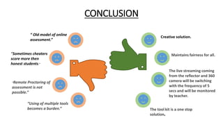 CONCLUSION
“ Old model of online
assessment.”
“Sometimes cheaters
score more then
honest students.”
“Remote Proctoring of
assessment is not
possible.”
“Using of multiple tools
becomes a burden.”
Creative solution.
Maintains fairness for all.
The live streaming coming
from the reflector and 360
camera will be switching
with the frequency of 5
secs and will be monitored
by teacher.
The tool kit is a one stop
solution.
 