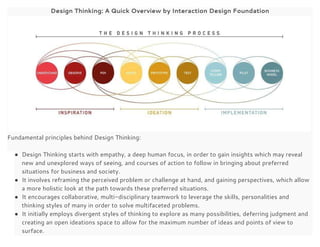 Design Thinking: A Quick Overview by Interaction Design Foundation
 
Fundamental principles behind Design Thinking: 
 
● Design Thinking starts with empathy, a deep human focus, in order to gain insights which may reveal 
new and unexplored ways of seeing, and courses of action to follow in bringing about preferred 
situations for business and society. 
● It involves reframing the perceived problem or challenge at hand, and gaining perspectives, which allow 
a more holistic look at the path towards these preferred situations. 
● It encourages collaborative, multi-disciplinary teamwork to leverage the skills, personalities and 
thinking styles of many in order to solve multifaceted problems. 
● It initially employs divergent styles of thinking to explore as many possibilities, deferring judgment and 
creating an open ideations space to allow for the maximum number of ideas and points of view to 
surface. 
 