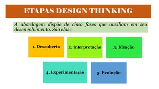 A abordagem dispõe de cinco fases que auxiliam em seu
desenvolvimento. São elas:
ETAPAS DESIGN THINKING
1. Descoberta 2. Interpretação 3. Ideação
4. Experimentação 5. Evolução
 