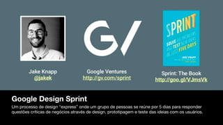 Google Design Sprint
Um processo de design “express” onde um grupo de pessoas se reúne por 5 dias para responder
questões críticas de negócios através de design, prototipagem e teste das ideias com os usuários.
 