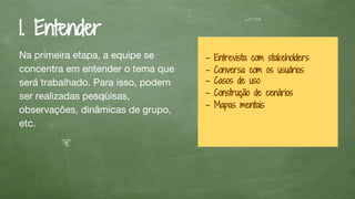 1. Entender
Na primeira etapa, a equipe se
concentra em entender o tema que
será trabalhado. Para isso, podem
ser realizadas pesquisas,
observações, dinâmicas de grupo,
etc.
- Entrevista com stakeholders
- Conversa com os usuários
- Casos de uso
- Construção de cenários
- Mapas mentais
 