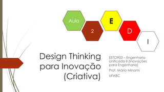 Design Thinking
para Inovação
(Criativa)
ESTO903 – Engenharia
Unificada II (Inovações
para Engenharia)
Prof. Mário Minami
UFABC
Aula
2
E
D
I
 