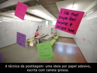 A técnica da postitagem: uma ideia por papel adesivo,
escrita com caneta grossa.
 