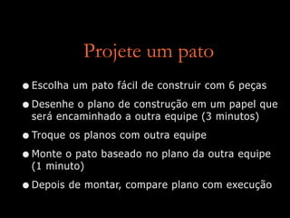 Projete um pato
•Escolha um pato fácil de construir com 6 peças
•Desenhe o plano de construção em um papel que
será encaminhado a outra equipe (3 minutos)
•Troque os planos com outra equipe
•Monte o pato baseado no plano da outra equipe
(1 minuto)
•Depois de montar, compare plano com execução
 