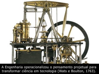 A Engenharia operacionalizou o pensamento projetual para
transformar ciência em tecnologia (Wats e Boulton, 1763).
 