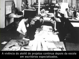 A vivência do ateliê de projetos continua depois da escola
em escritórios especializados.
 